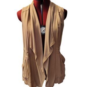 Altard State Beige Open Front Vest Collar Deep Pockets Pull String Back Size M